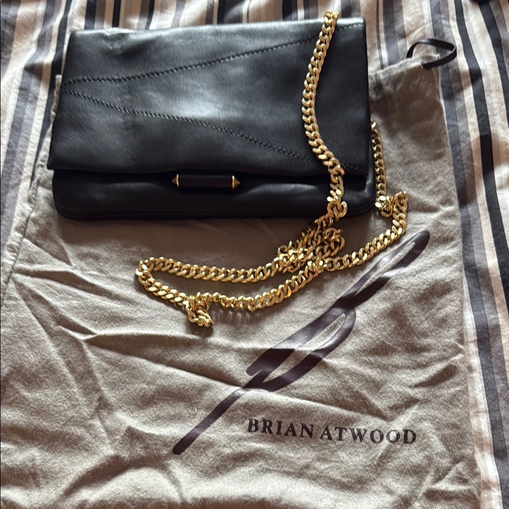 Brian Atwood Black Leather Clutch with Gold Chain
